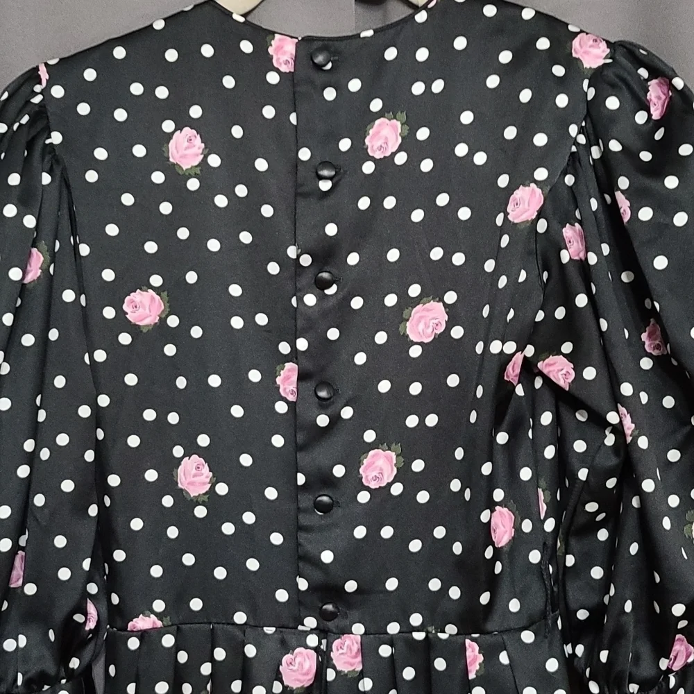 VTG‎ Petite Lanz USA Dress Black W/White Polka-dots/Pink Roses Pockets Sz 2 READ